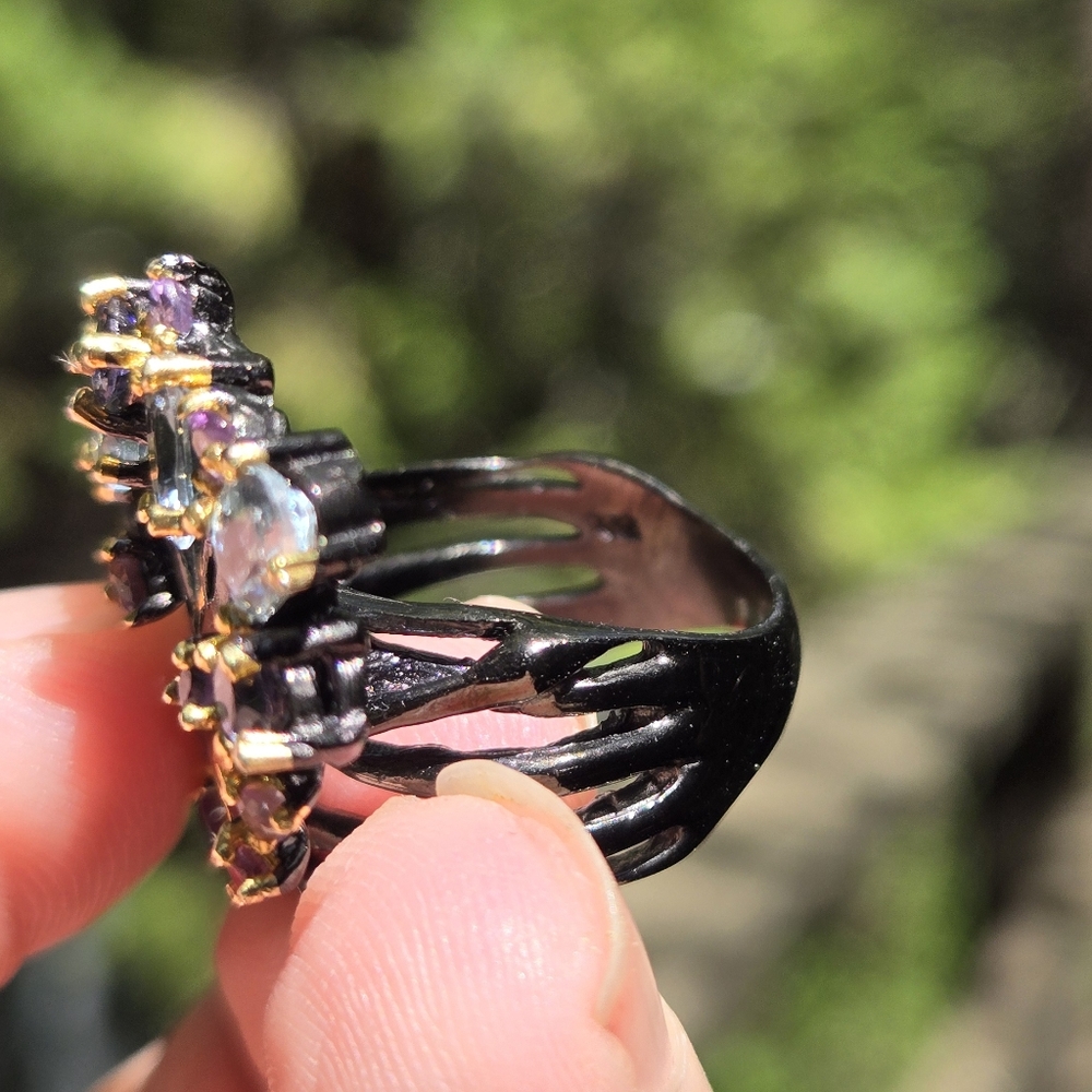 πHOST PICK π Blue Topaz Lolite & Amethyst Sterling Rhodium & Gold ring sz6.75 - Picture 7 of 13